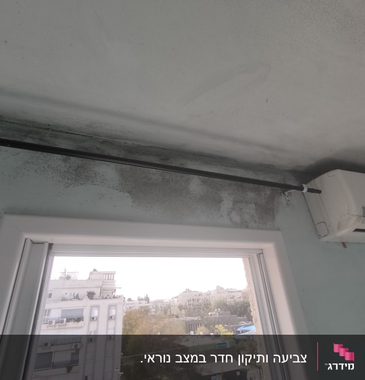 קיר עם סימני רטיבות ועובש ליד מזגן